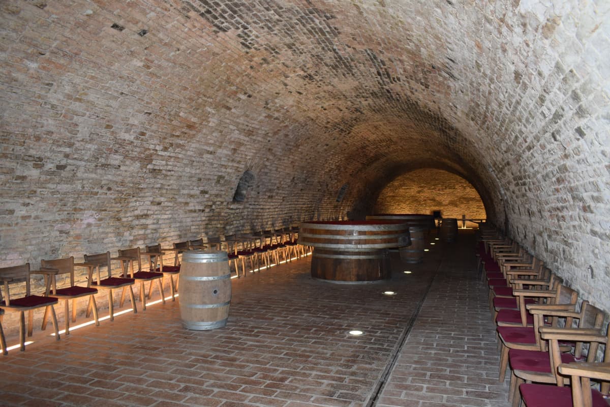 An underground cellar passage lined with stored wine
