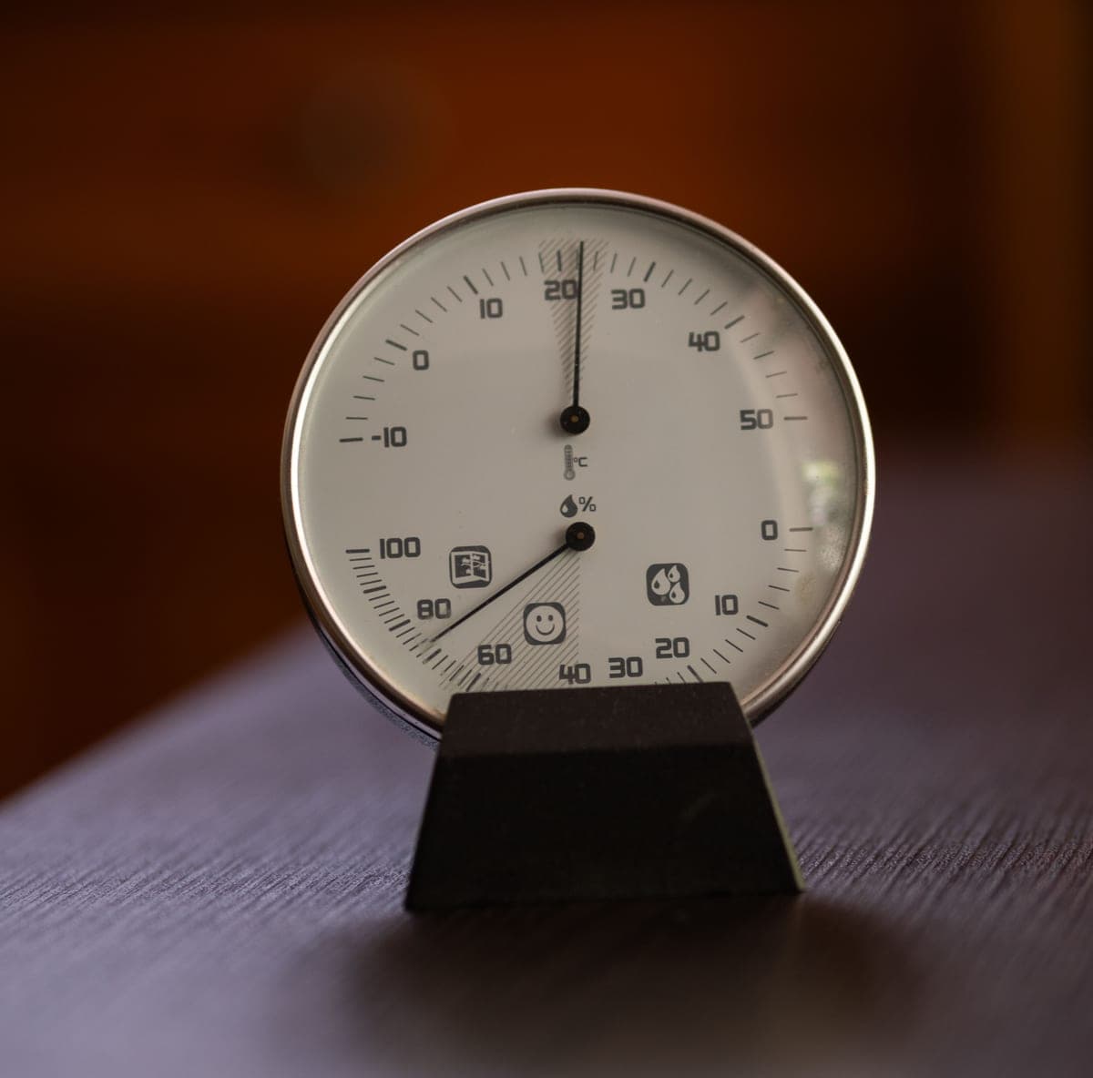 A dial hygrometer showing a humidity reading