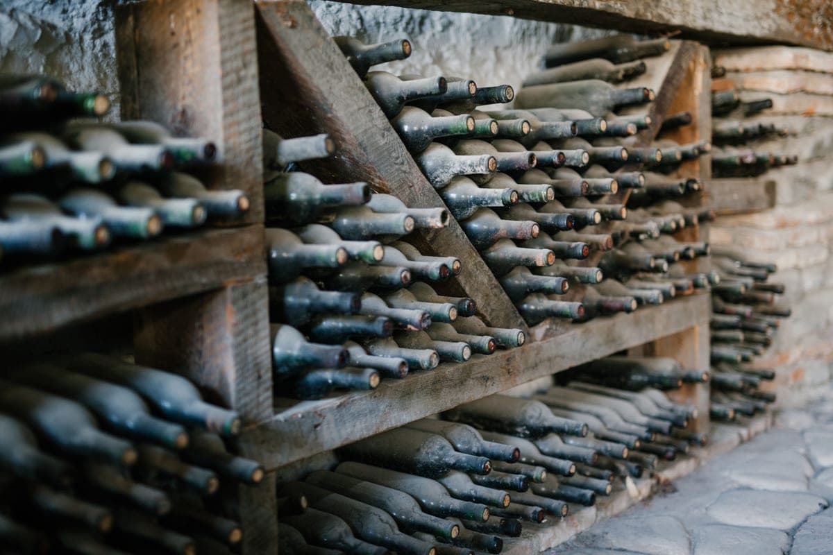 Dusty wine bottles stored on wooden shelving at a winery